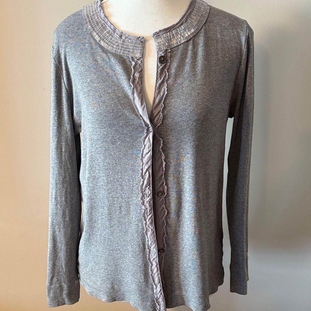 J. Crew Beaded Neck Gray Button-Up Long Sleeve Cotton Cardigan. Size Medium